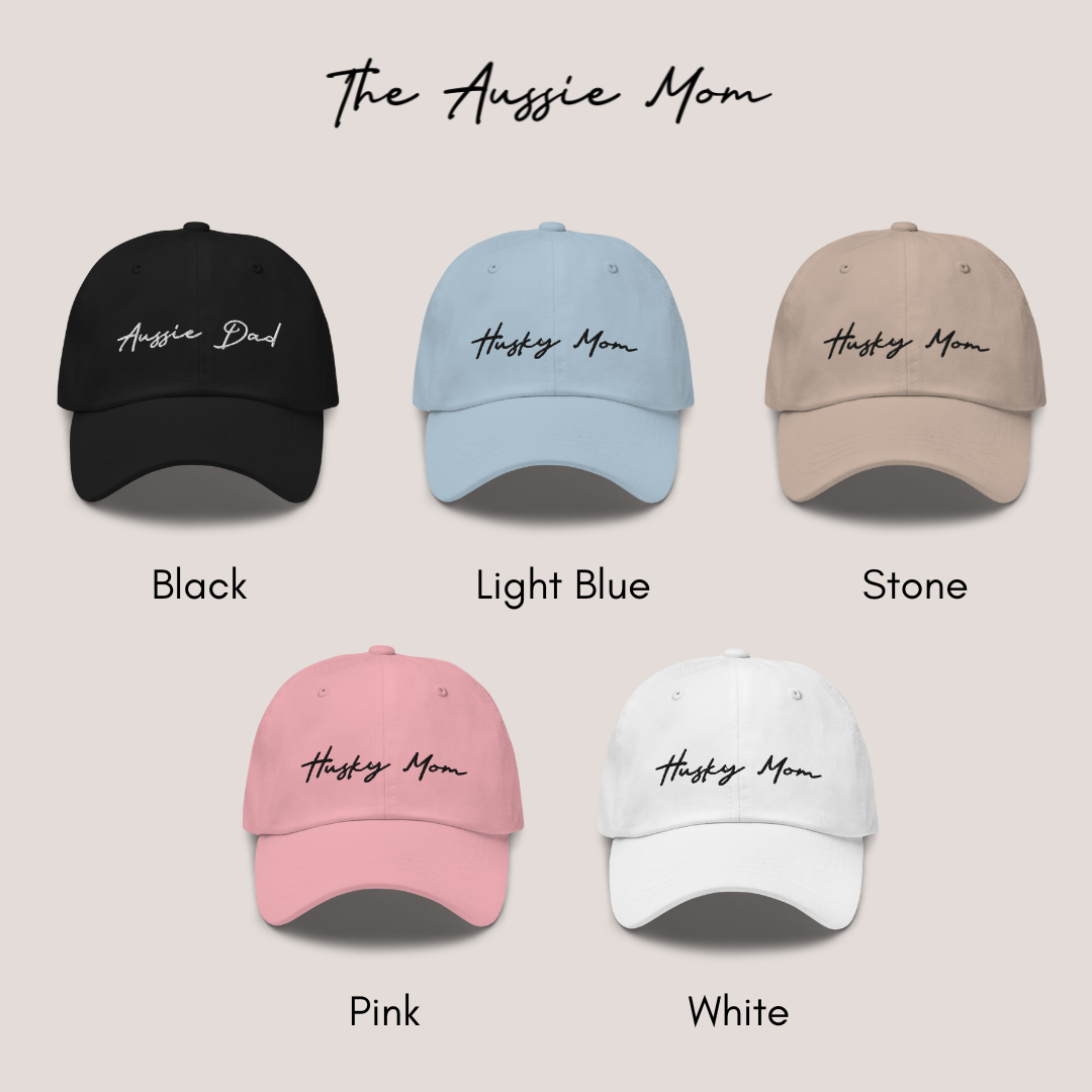 ♥ Customize your Dog Mom hat with your dogs breed!  It is the perfect gift to any obsessed DogMom! ♥  Pink Hat, Blue Hat, Black Hat, White Hat, Beige Hat, Husky Mom